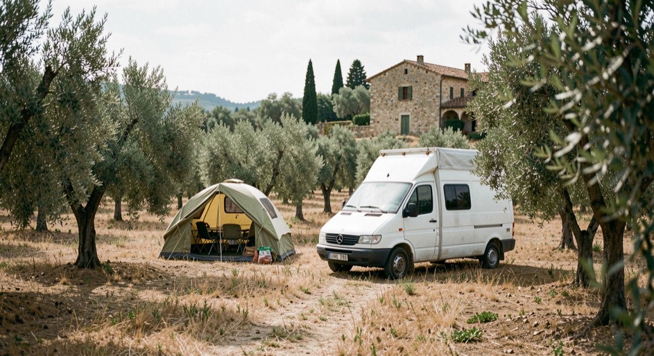 Piccolo agricampeggio fra filari di ulivi con due tende e un furgone bianco parcheggiato sull erba secca, casale in pietra sullo sfondo