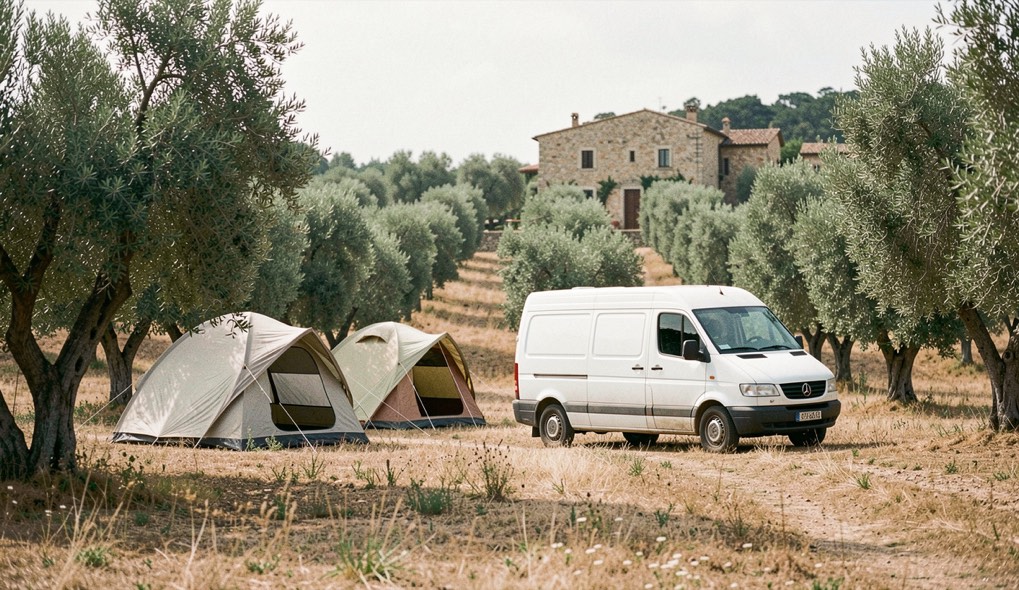 Piccolo agricampeggio fra filari di ulivi con due tende e un furgone bianco parcheggiato sull erba secca, casale in pietra sullo sfondo
