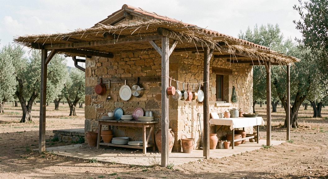 Lavello esterno in muratura sotto una tettoia di canne in un agricampeggio, con stoviglie appoggiate ad asciugare e ulivi sullo sfondo