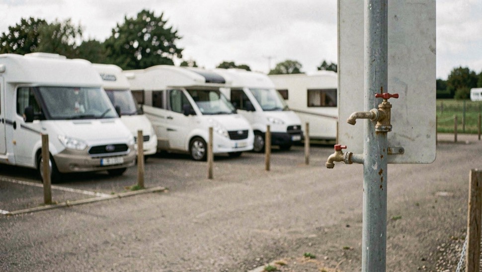 Area di sosta per camper con stalli delimitati da cordoli, tre mezzi parcheggiati in fila e colonnina di servizio con rubinetto in primo piano