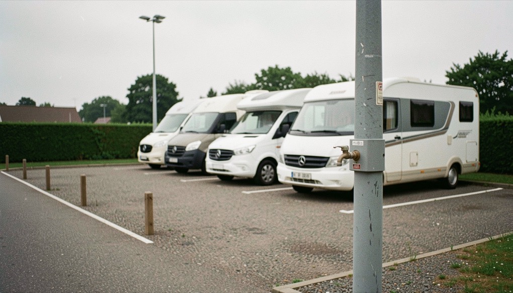 Area di sosta per camper con stalli delimitati da cordoli, tre mezzi parcheggiati in fila e colonnina di servizio con rubinetto in primo piano