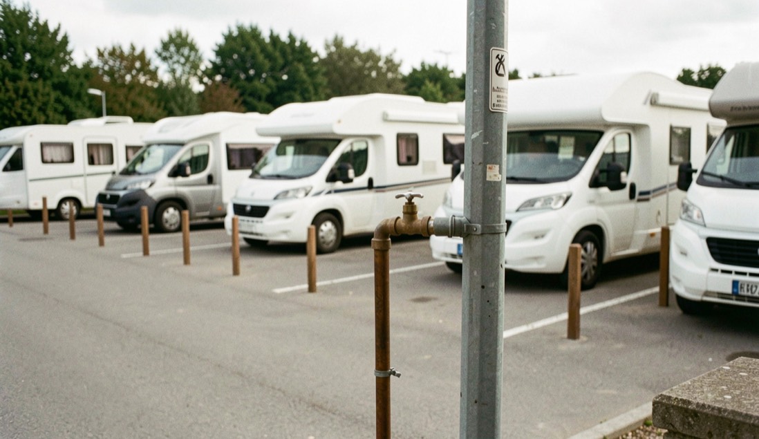 Area di sosta per camper con stalli delimitati da cordoli, tre mezzi parcheggiati in fila e colonnina di servizio con rubinetto in primo piano