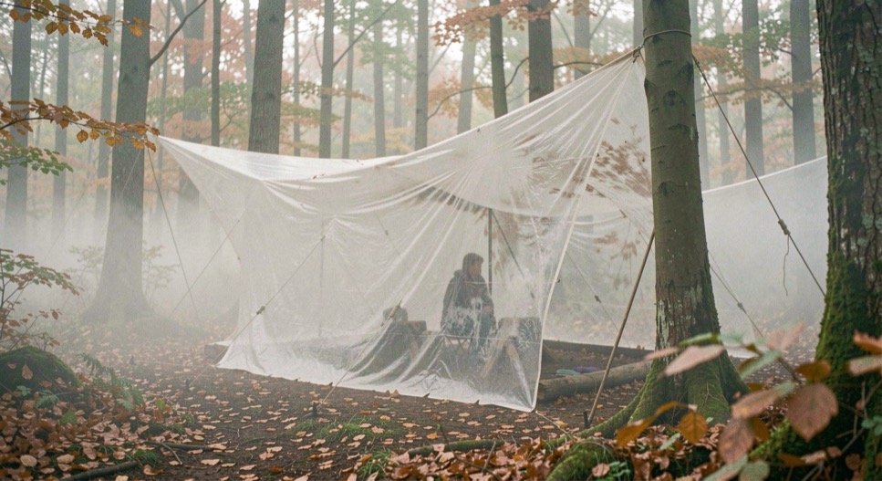 Tenda coperta di condensa al mattino in un bosco autunnale, con nebbia bassa fra i tronchi e foglie cadute sul telo esterno