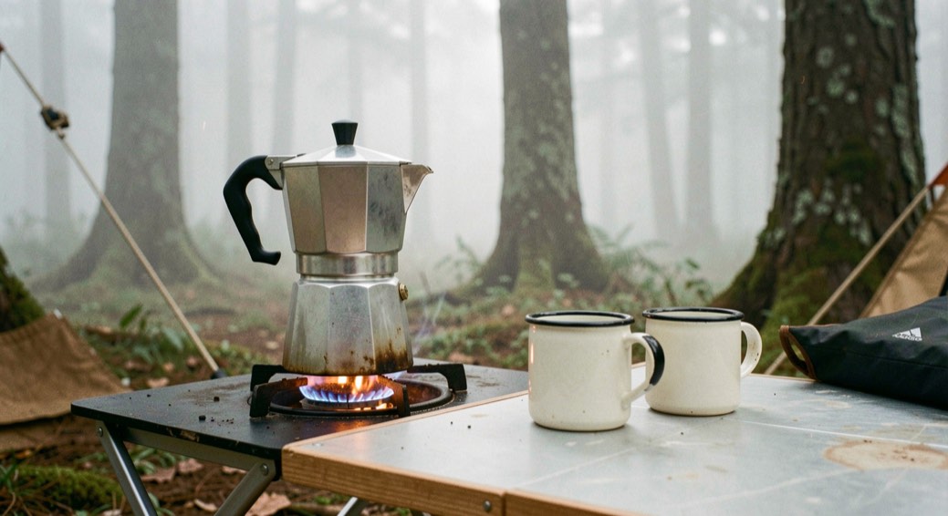 Caffettiera di alluminio su un fornello acceso accanto a due tazze smaltate su un tavolo da campeggio, con nebbia leggera fra gli alberi