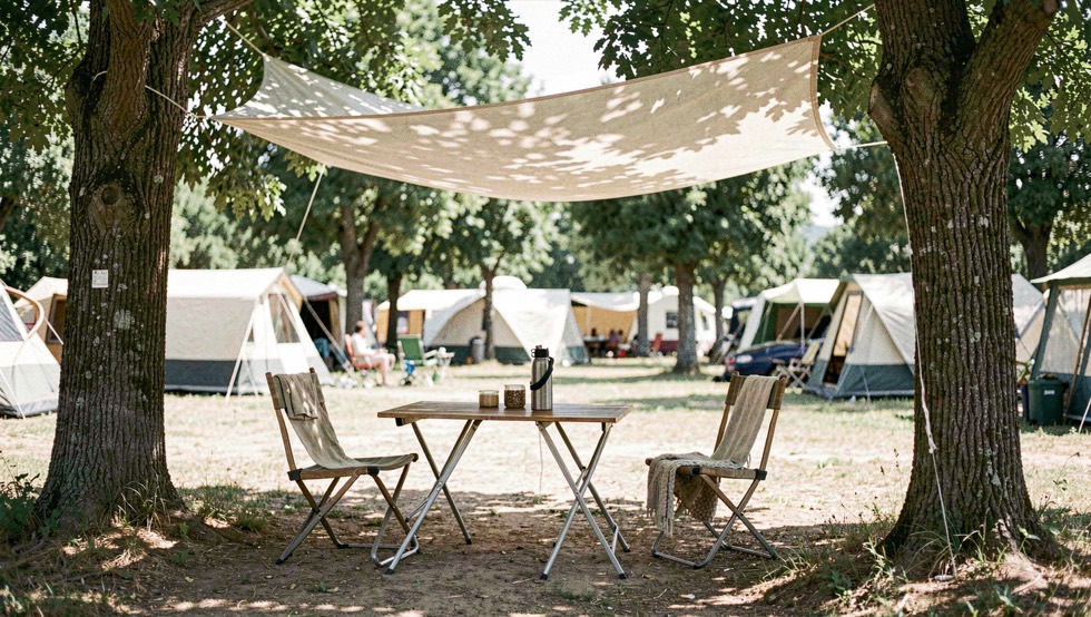 Tenda chiara con telo parasole teso sopra fra due alberi, sedie all ombra e borraccia sul tavolo in un campeggio assolato di mezzogiorno