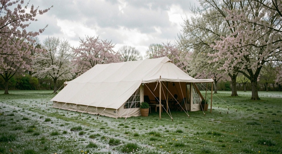 Tenda montata su prato verde brillante ancora umido di rugiada, con alberi in fioritura attorno e cielo nuvoloso di primavera