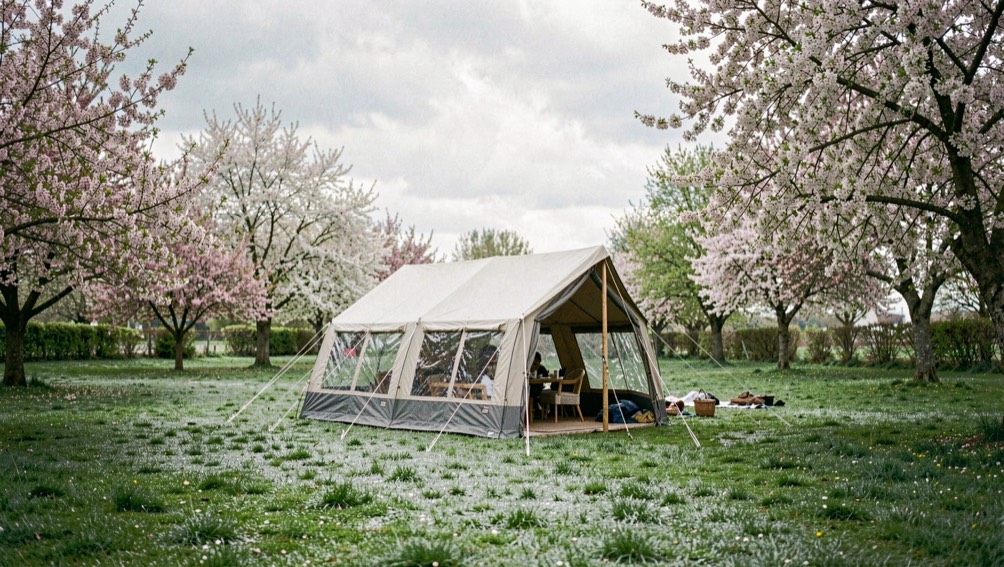 Tenda montata su prato verde brillante ancora umido di rugiada, con alberi in fioritura attorno e cielo nuvoloso di primavera