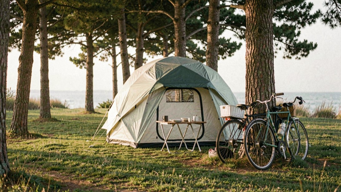 Piazzola di campeggio su prato con tenda a igloo montata sotto pini marittimi, tavolino pieghevole e biciclette appoggiate al tronco, luce del tardo pomeriggio
