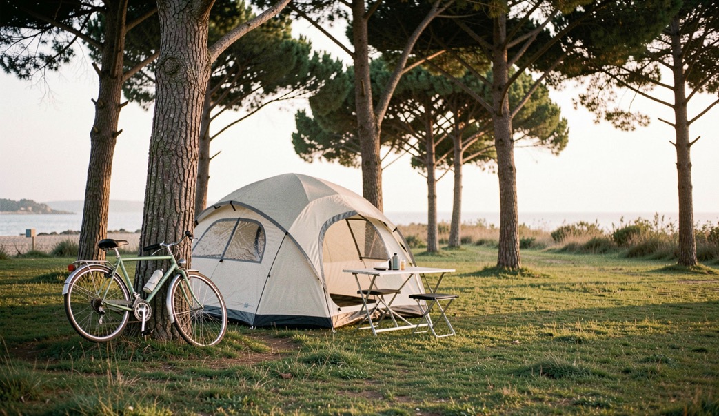 Piazzola di campeggio su prato con tenda a igloo montata sotto pini marittimi, tavolino pieghevole e biciclette appoggiate al tronco, luce del tardo pomeriggio