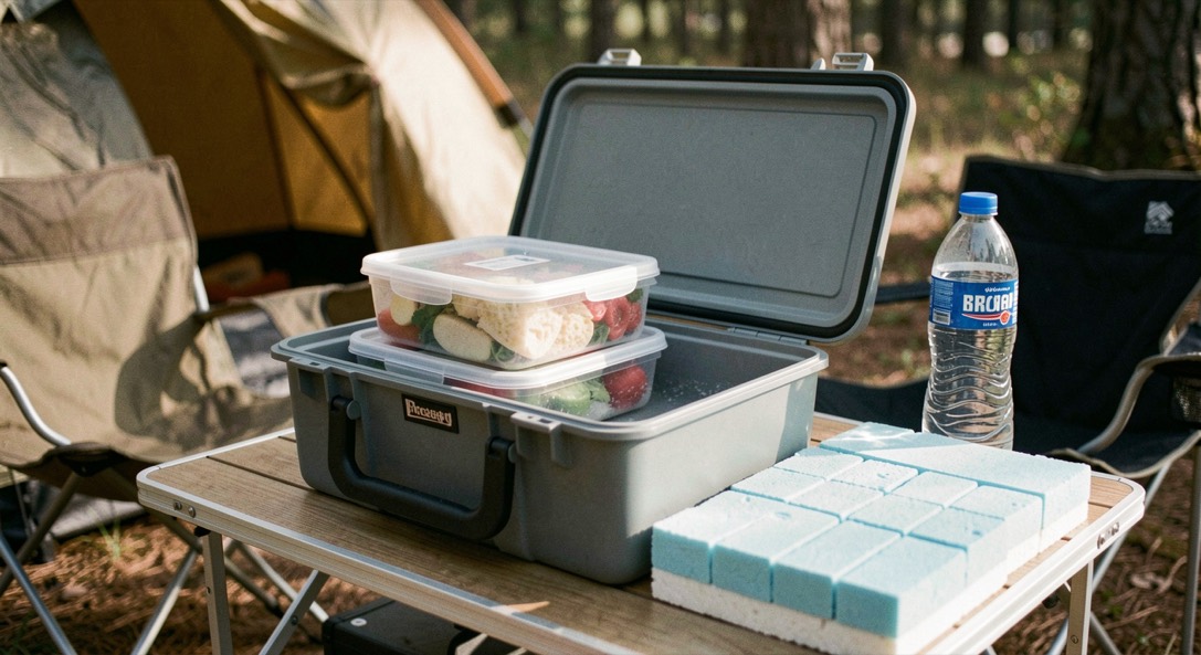 Frigo portatile rigido aperto su un tavolo da campeggio con contenitori richiudibili impilati, mattonelle refrigeranti e bottiglia di acqua