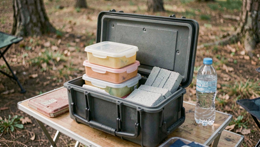Frigo portatile rigido aperto su un tavolo da campeggio con contenitori richiudibili impilati, mattonelle refrigeranti e bottiglia di acqua
