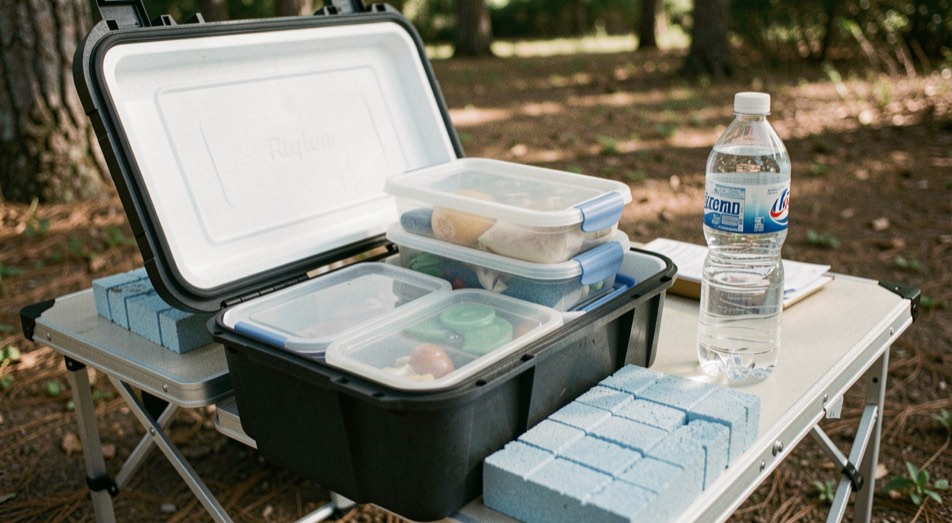 Frigo portatile rigido aperto su un tavolo da campeggio con contenitori richiudibili impilati, mattonelle refrigeranti e bottiglia di acqua