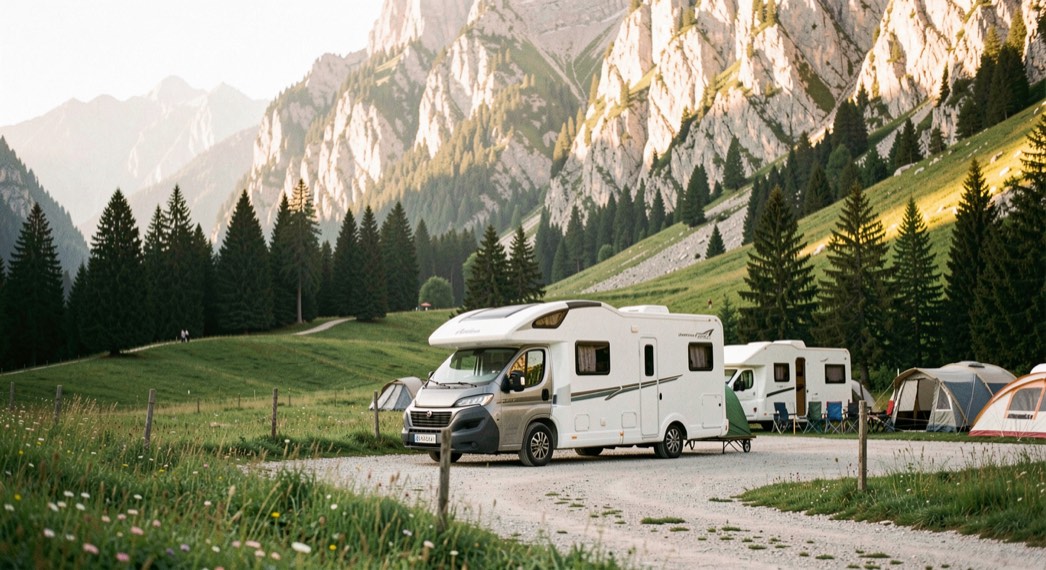 Camper parcheggiato in un area di sosta di fondovalle dolomitico con prati verdi, abeti e pareti di roccia chiara illuminate dal sole del mattino