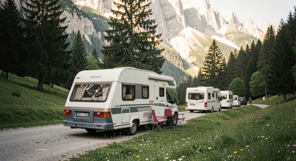 Camper parcheggiato in un area di sosta di fondovalle dolomitico con prati verdi, abeti e pareti di roccia chiara illuminate dal sole del mattino