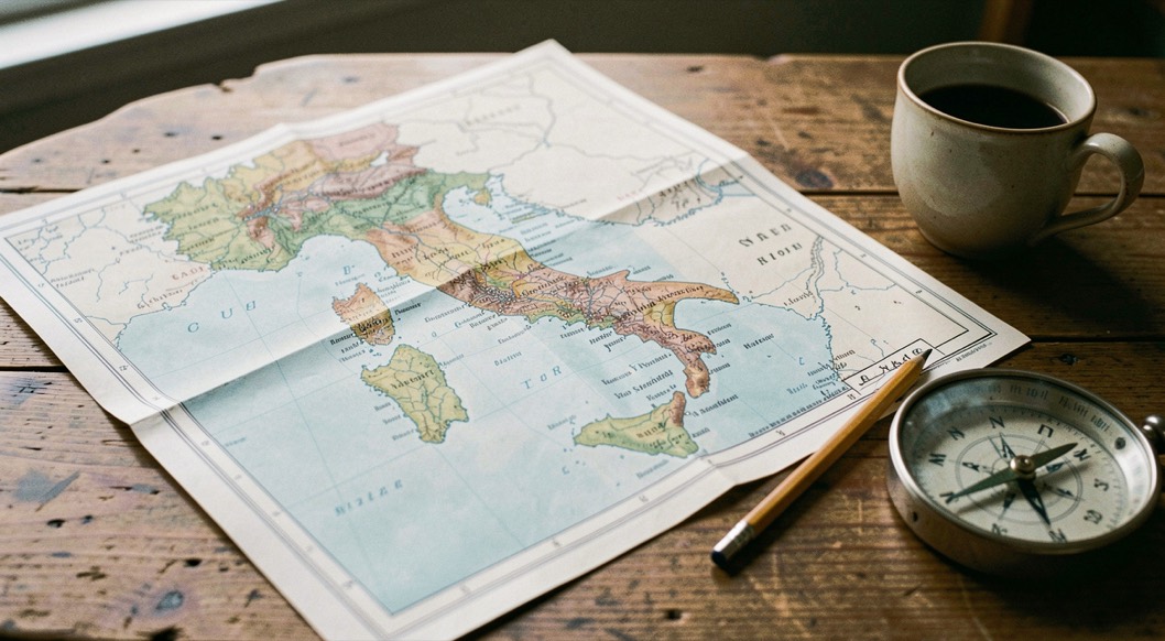 Carta geografica dell Italia stampata su carta spiegata su un tavolo di legno con bussola, matita e tazza di caffe accanto