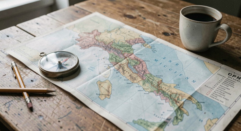 Carta geografica dell Italia stampata su carta spiegata su un tavolo di legno con bussola, matita e tazza di caffe accanto