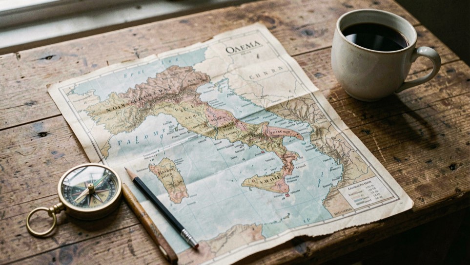 Carta geografica dell Italia stampata su carta spiegata su un tavolo di legno con bussola, matita e tazza di caffe accanto