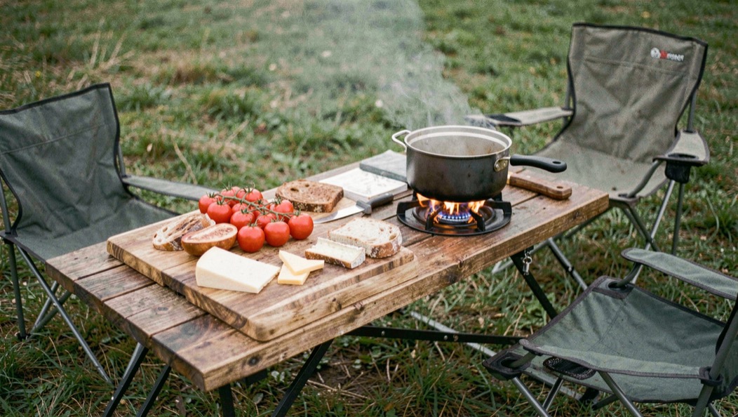 Tavolo da campeggio con tagliere di legno, pomodori, pane, formaggio e una pentola sul fornello acceso, sedie pieghevoli e prato attorno