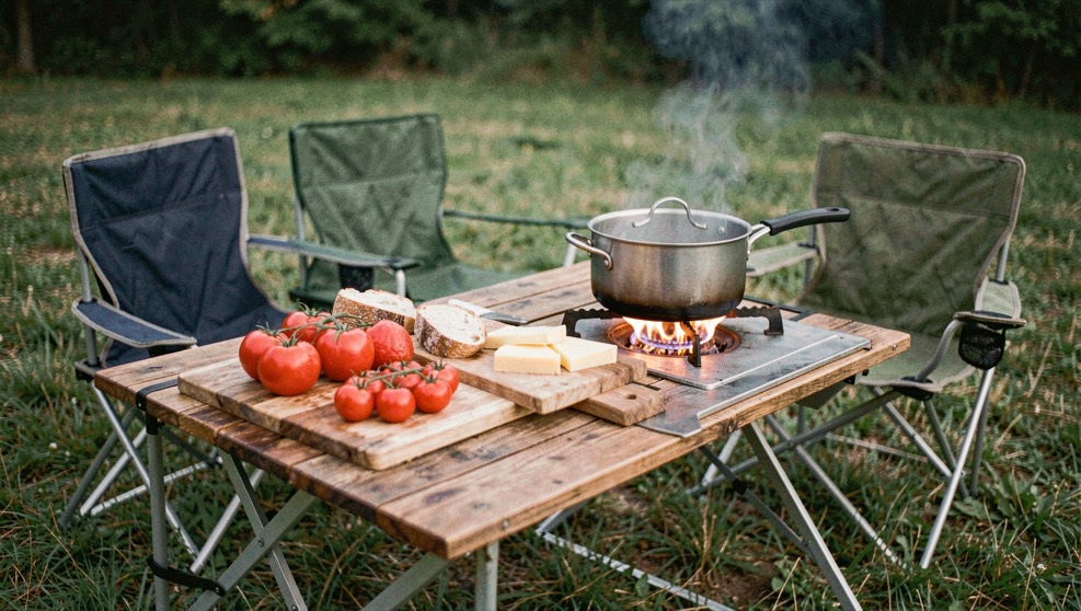 Tavolo da campeggio con tagliere di legno, pomodori, pane, formaggio e una pentola sul fornello acceso, sedie pieghevoli e prato attorno