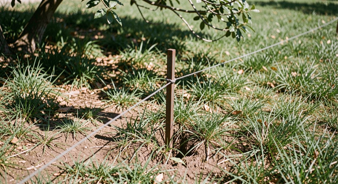 Dettaglio del fondo di una piazzola erbosa con picchetto di acciaio piantato nel terreno, tirante teso e ombra di rami sopra