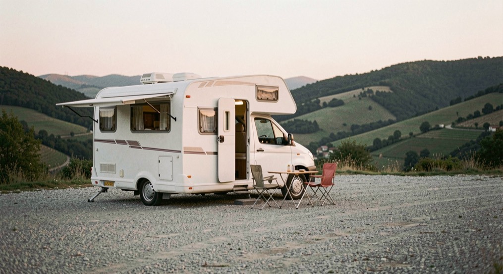 Camper mansardato bianco fermo su una piazzola ghiaiata con portellone aperto, tavolino e due sedie fuori, colline verdi sullo sfondo al tramonto