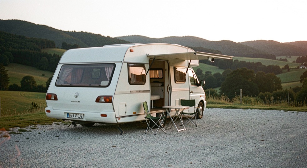 Camper mansardato bianco fermo su una piazzola ghiaiata con portellone aperto, tavolino e due sedie fuori, colline verdi sullo sfondo al tramonto