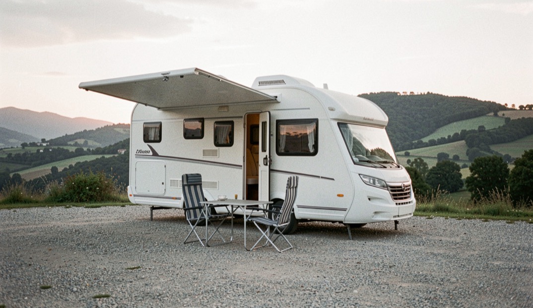 Camper mansardato bianco fermo su una piazzola ghiaiata con portellone aperto, tavolino e due sedie fuori, colline verdi sullo sfondo al tramonto