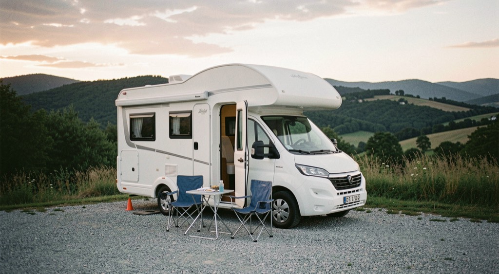 Camper mansardato bianco fermo su una piazzola ghiaiata con portellone aperto, tavolino e due sedie fuori, colline verdi sullo sfondo al tramonto