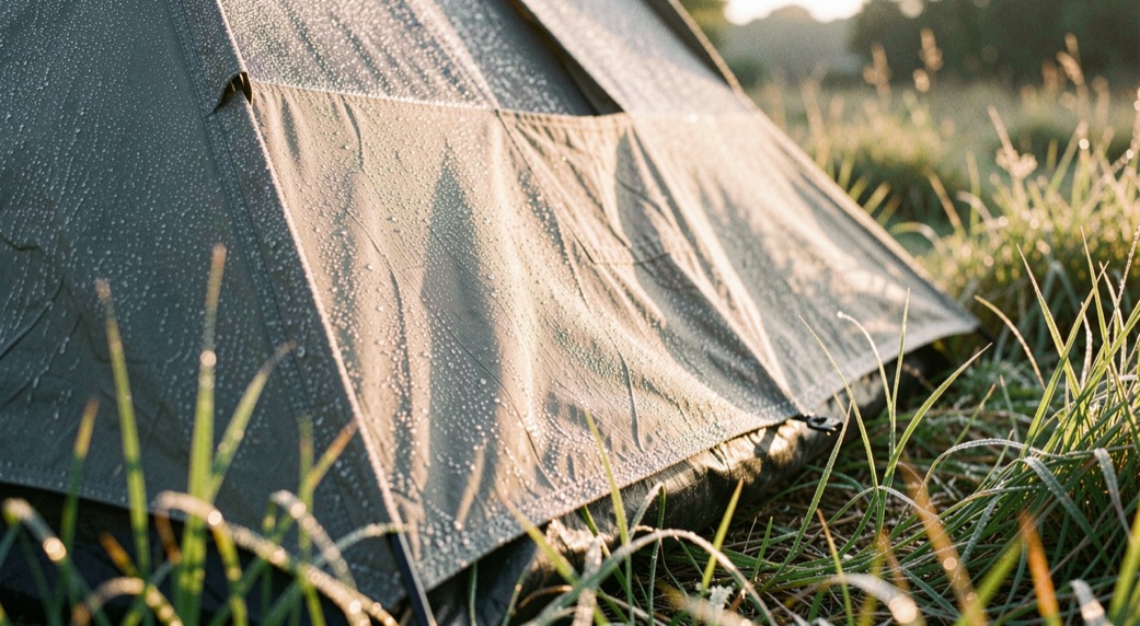 Telo esterno di una tenda coperto di gocce di rugiada al mattino presto, con erba alta illuminata di traverso dal sole basso