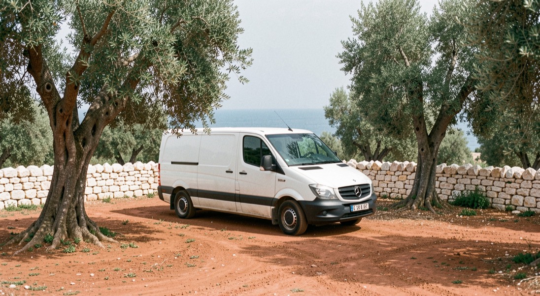 Van bianco parcheggiato su uno spiazzo di terra rossa fra ulivi secolari, muretto a secco in pietra chiara e mare azzurro in lontananza