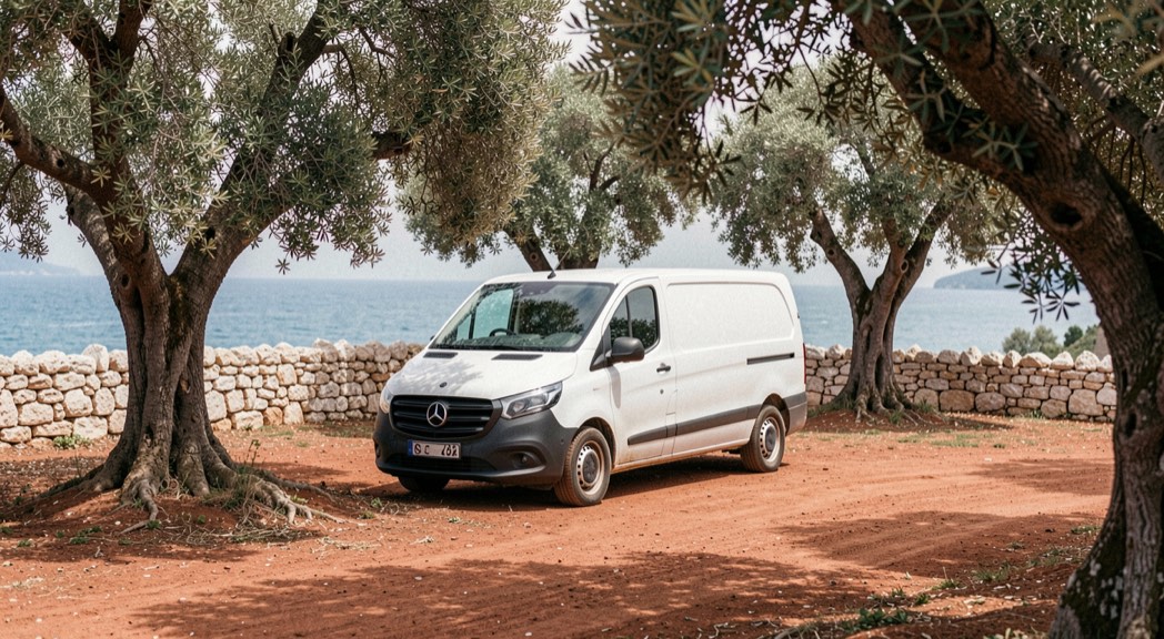 Van bianco parcheggiato su uno spiazzo di terra rossa fra ulivi secolari, muretto a secco in pietra chiara e mare azzurro in lontananza