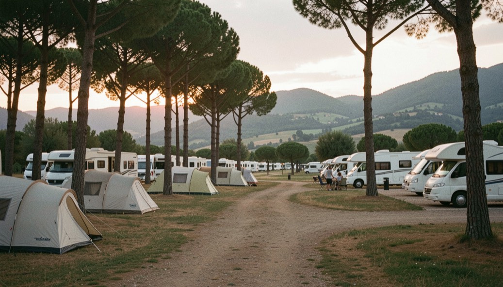 Panoramica di un campeggio italiano al tramonto con tende fra i pini, camper parcheggiati e colline verdi sullo sfondo
