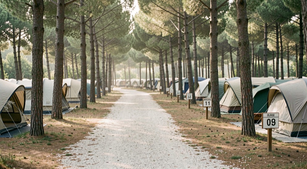 Vista d insieme di un campeggio in pineta con vialetto in ghiaia, piazzole numerate e tende montate sotto gli alberi al mattino