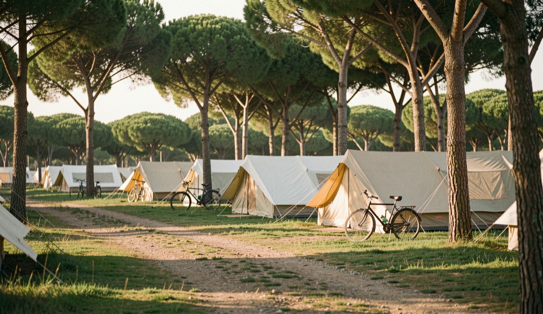Piazzole erbose di un campeggio italiano fra pini marittimi, tende chiare montate e biciclette appoggiate, luce calda del tardo pomeriggio