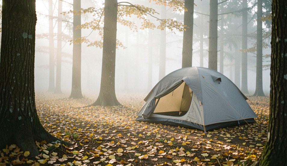 Radura di campeggio con foglie gialle a terra, tenda montata e nebbia leggera fra i tronchi nella luce bassa del mattino