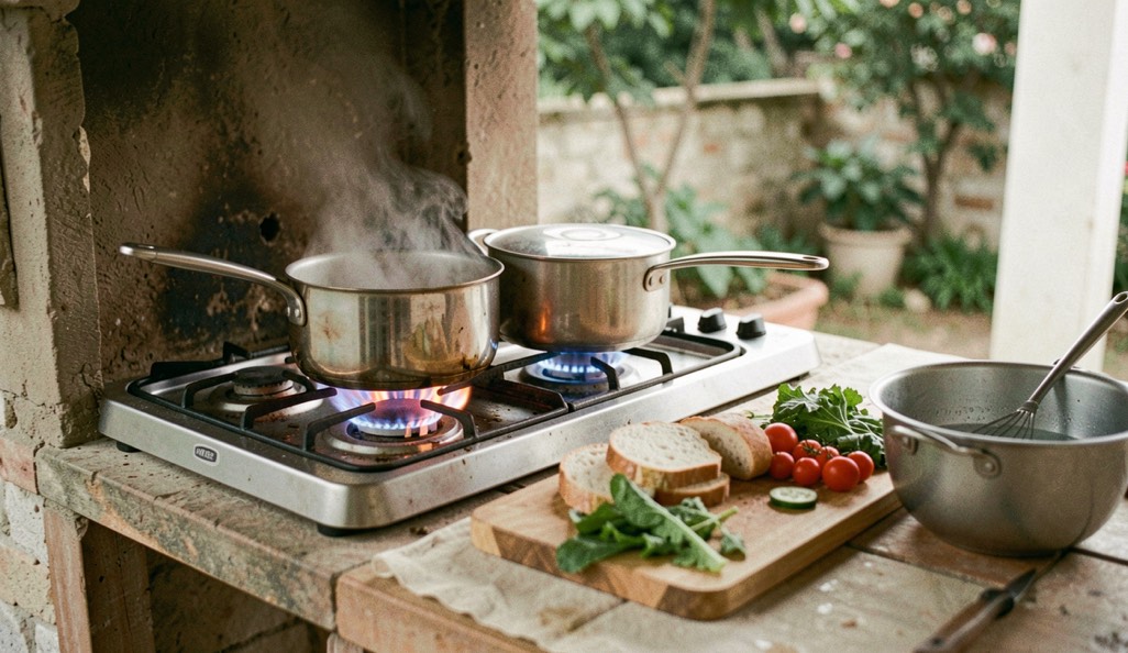 Cucina all aperto con fornello a due fuochi acceso, pentola in cottura, tagliere con pane e verdure e bacinella per il lavaggio