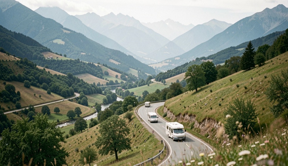 Ampia veduta di una valle italiana attraversata da una strada tortuosa, con camper in movimento e montagne azzurrine sul fondo