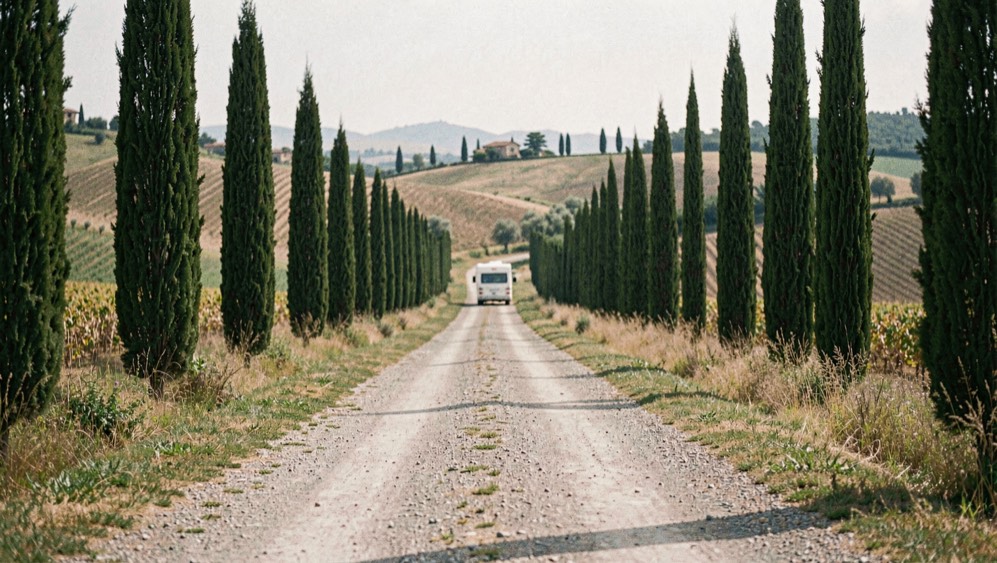 Strada di campagna italiana che sale fra colline coltivate con un camper in lontananza e filari di cipressi ai lati
