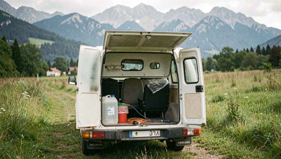 Camper visto da dietro con portellone del gavone aperto, tanica di acqua e prolunga elettrica, prati verdi e montagne sullo sfondo