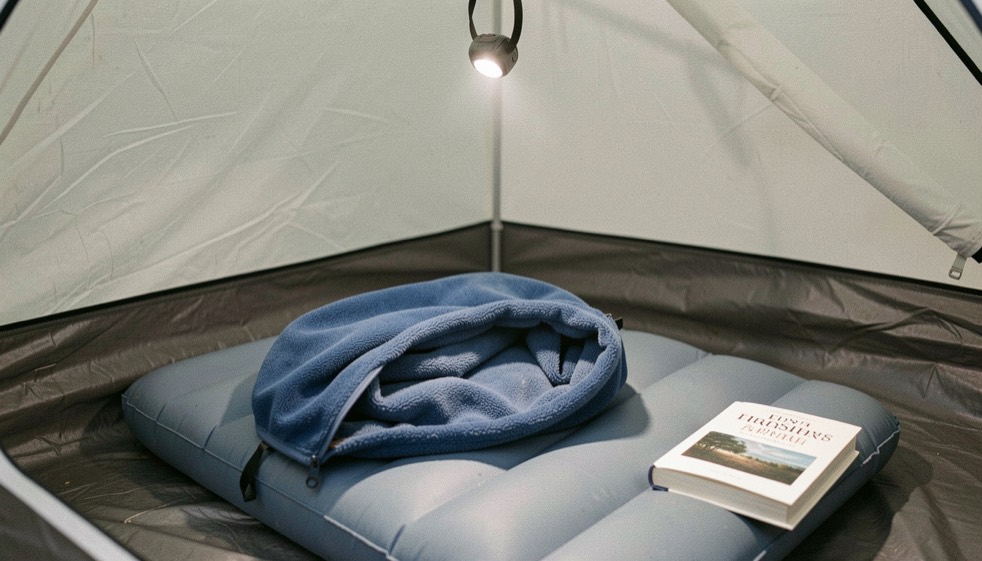 Sacco a pelo blu aperto su un materassino gonfiabile dentro una tenda, con lampada frontale accesa appesa al telo e libro appoggiato di lato