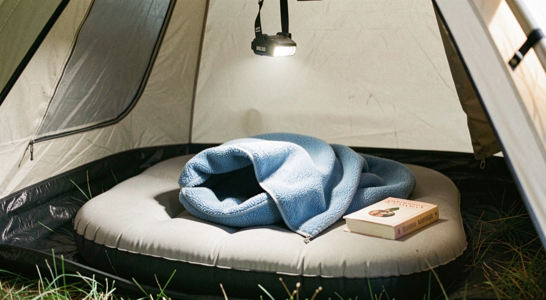 Sacco a pelo blu aperto su un materassino gonfiabile dentro una tenda, con lampada frontale accesa appesa al telo e libro appoggiato di lato