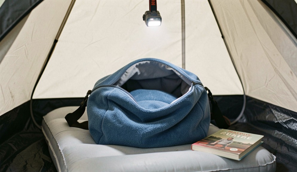 Sacco a pelo blu aperto su un materassino gonfiabile dentro una tenda, con lampada frontale accesa appesa al telo e libro appoggiato di lato