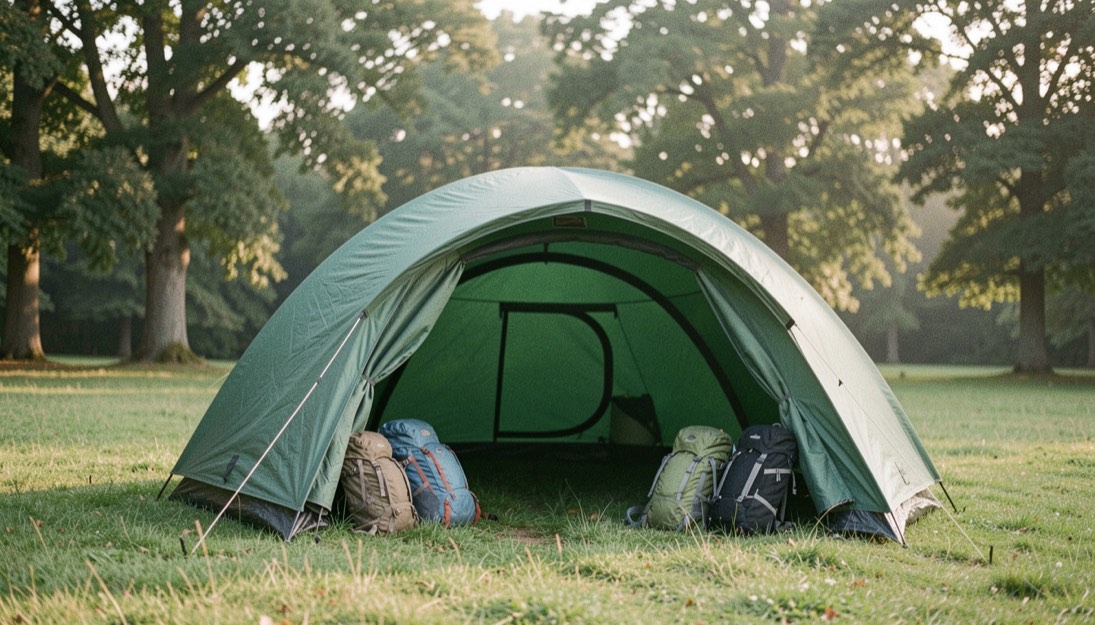Tenda a tunnel verde montata su prato con abside aperta, zaini appoggiati sotto il telo e bosco di faggi sullo sfondo nella luce del mattino