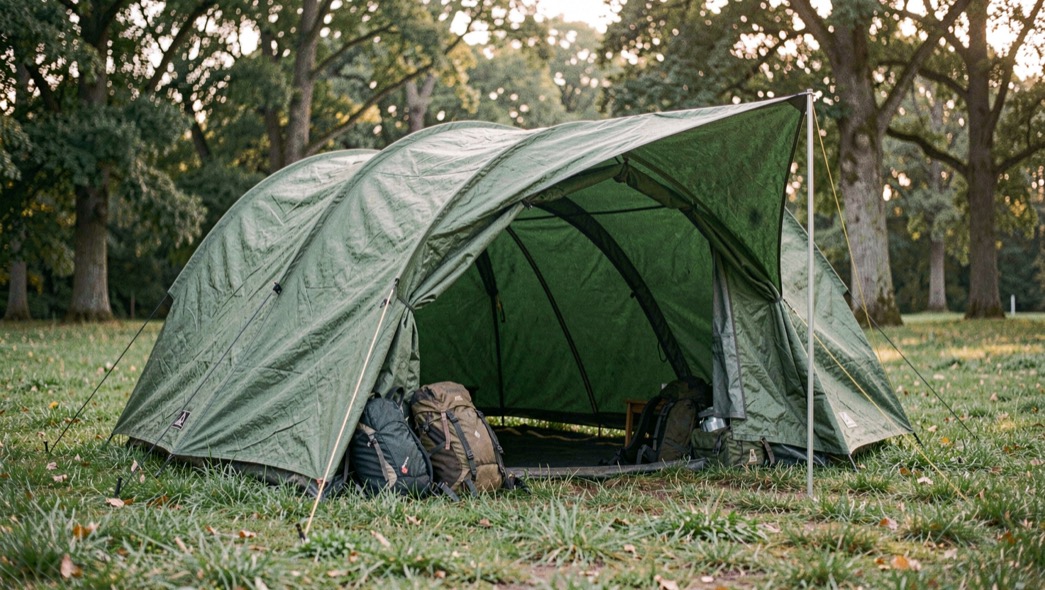 Tenda a tunnel verde montata su prato con abside aperta, zaini appoggiati sotto il telo e bosco di faggi sullo sfondo nella luce del mattino