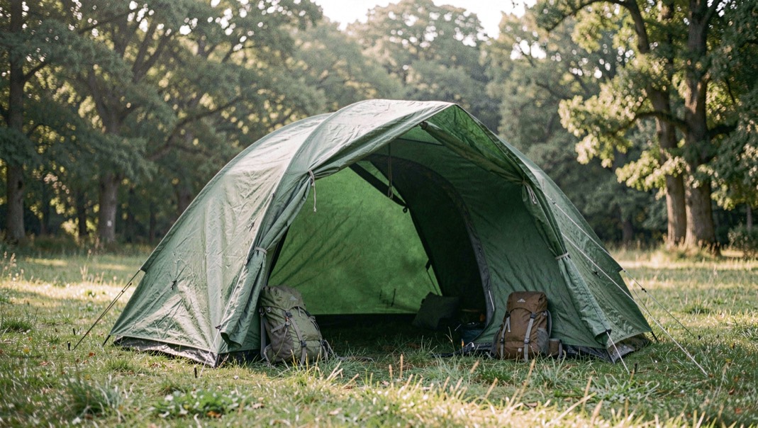 Tenda a tunnel verde montata su prato con abside aperta, zaini appoggiati sotto il telo e bosco di faggi sullo sfondo nella luce del mattino