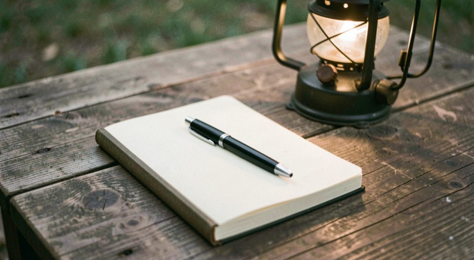 Quaderno di appunti chiuso con una penna appoggiata sopra, su un tavolo di legno accanto a una lampada da campeggio spenta