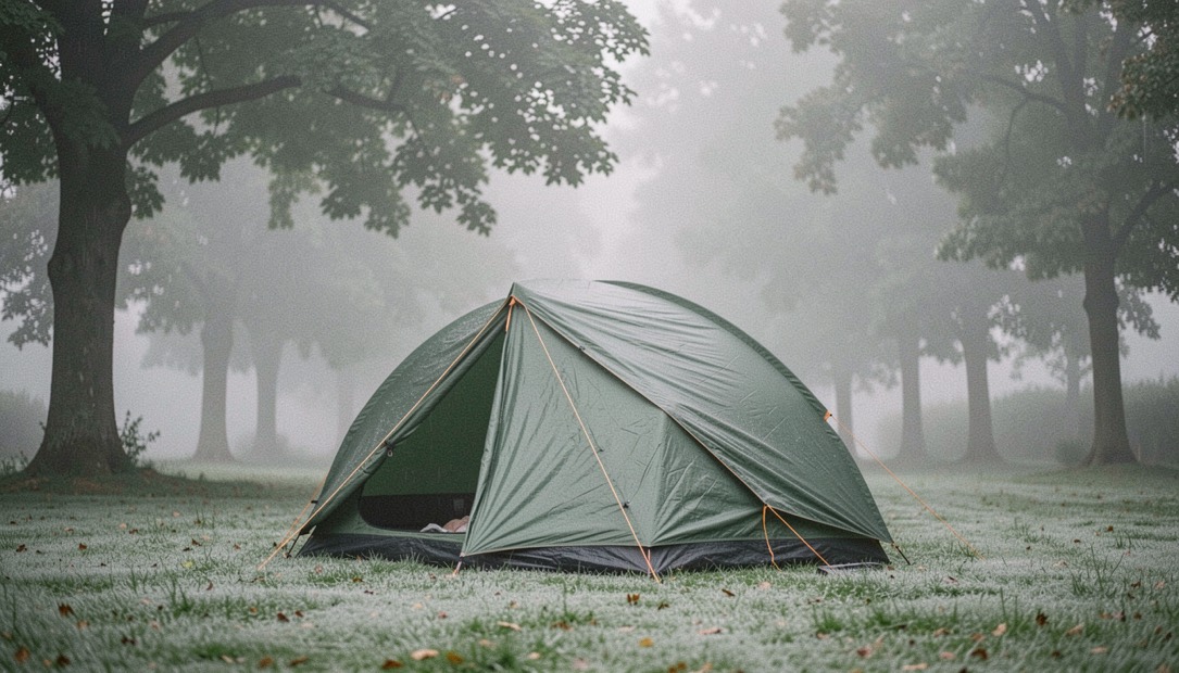 Prime luci su una piazzola di campeggio con tenda chiusa e rugiada sull erba, nebbia bassa fra gli alberi