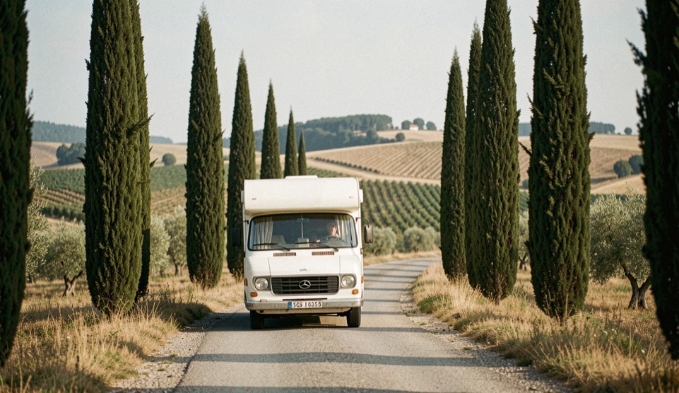 Camper bianco in viaggio su una strada di campagna fiancheggiata da cipressi, colline coltivate sullo sfondo