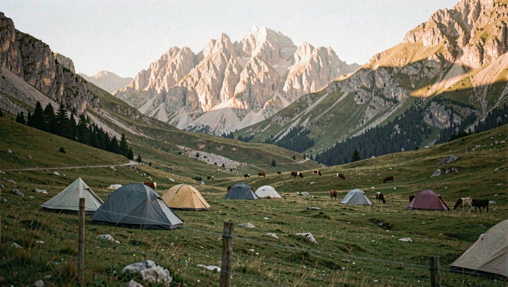 Prati alpini con tende sparse e pareti rocciose illuminate dal primo sole, mucche al pascolo in lontananza