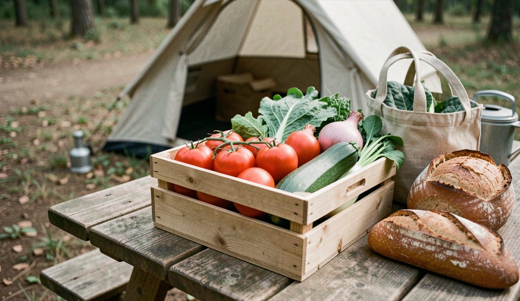 Cassetta di verdure fresche appoggiata sul tavolo di un campeggio con pomodori, zucchine e cipolle, borsa di tela e pane accanto